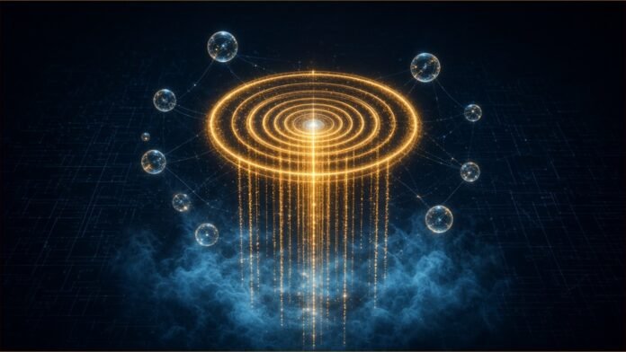 Illustration of glowing gold concentric rings and light filaments descending into blue mist, ringed by small linked luminous spheres