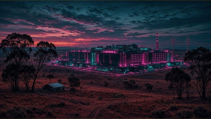 Rows of glowing data-hall blocks rising on dry rolling farmland at dusk with transmission towers through the site
