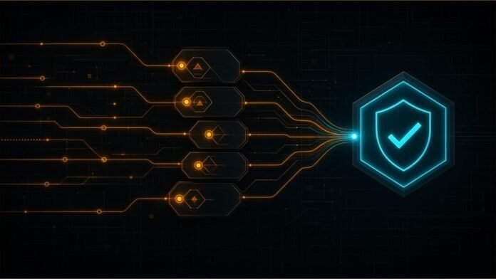 Illustration of amber workflow lines passing through decision blocks into a glowing cyan hexagonal checkpoint marked with a shield and tick