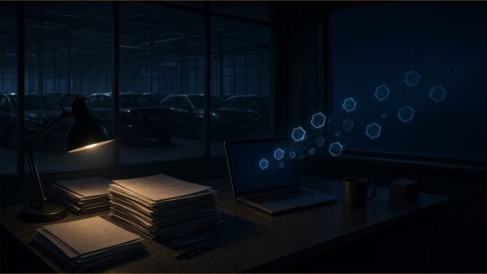 Illustration of a dim car-rental office at night, with stacks of invoices and a laptop on a desk and faint hexagonal tokens drifting out of the window past parked cars
