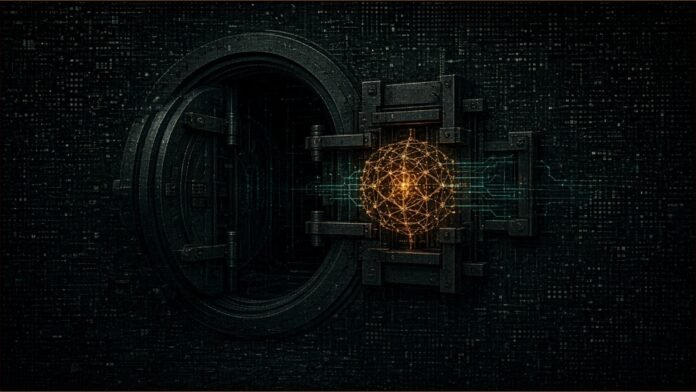 Itaú to Buy AI Start-Up NeoSpace for R$2.925bn | TSN Illustration of a half-open vault door with a glowing amber neural lattice slotted into its locking mechanism, teal traces running into the bolts