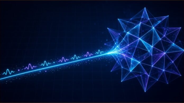 ITU's X.1711: First Global Standard for QKD Protocols | TSN Illustration of light pulses with wave glyphs travelling along a fibre line into a glowing crystalline lattice