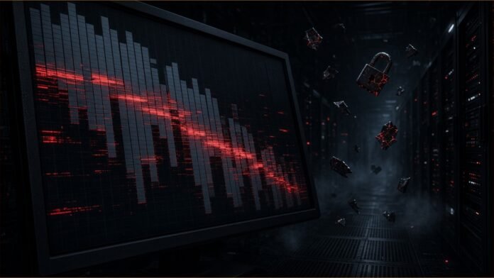 Iwai Cosmo Says Attack Placed Unauthorised Trades | TSN Illustration of a trading screen glitching red beside broken padlock shards in a server corridor.