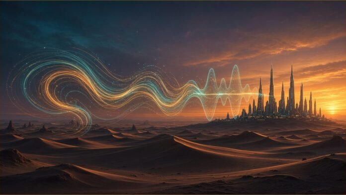 Illustration of Arabic calligraphy strokes flowing into six model-size bars and a speech waveform over an open-weights lattice, in sand and deep green