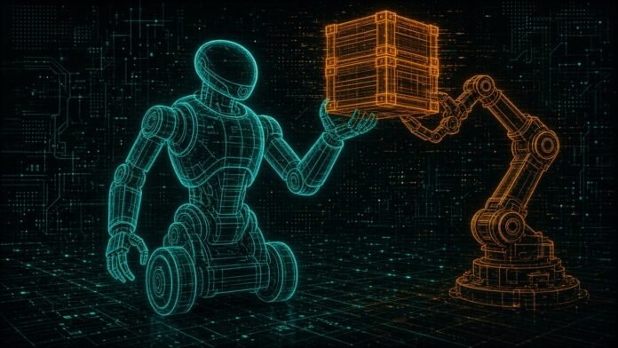 Symbol-only illustration of a cyan wireframe wheeled robot torso passing a glowing orange crate to an orange wireframe industrial robot arm on a dark factory grid.
