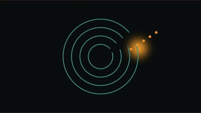 Illustration of teal concentric arcs with amber dots escaping through a gap.
