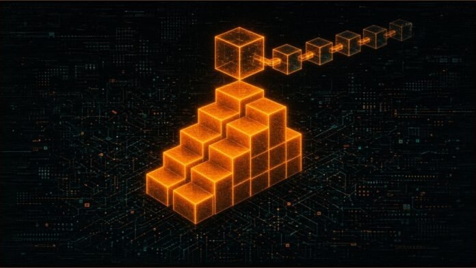Illustration of a stack of glowing amber blocks rising like a chart, its top block lifting into a chain of cubes