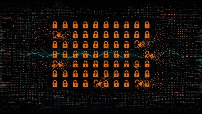 A grid of glowing amber padlocks with several cracked open and streams of tiny dots flowing out, crossed by a faint teal wave line.