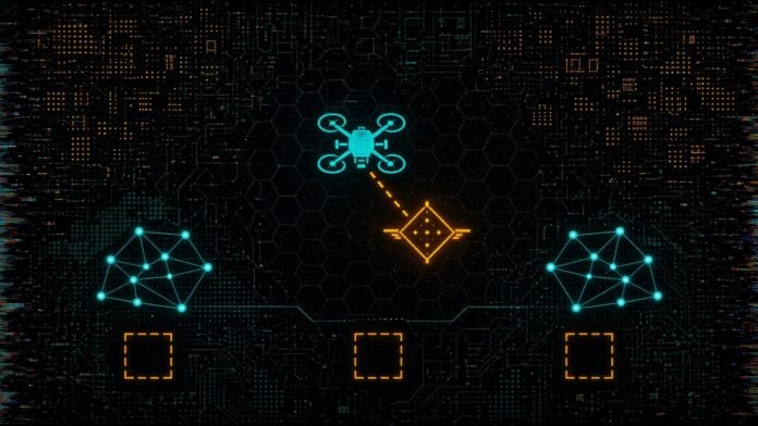 Japan Signs Contract for Ukrainian SkyFall Interceptor Drones Symbol-only illustration of a small drone closing on a diamond-shaped incoming drone, with two node clusters in the lower corners and three blank dashed squares along the bottom.