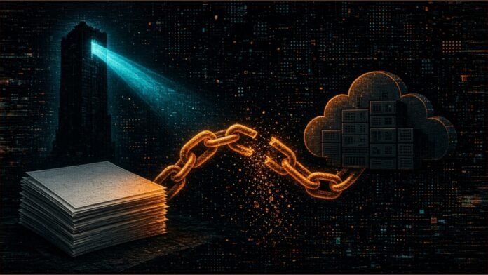 Illustration of a glowing amber chain with one broken link joining a stack of blank form cards to a cloud-shaped server cluster