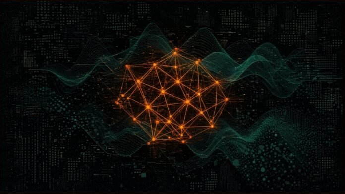 Illustration of a glowing amber lattice of linked points overlapped by translucent teal wave patterns.