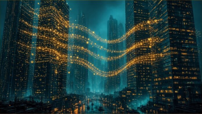 Amber token streams weaving between city towers at night.