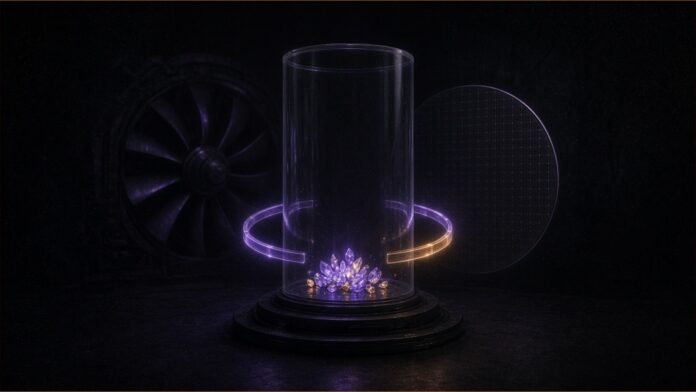 Illustration of a nearly empty glass cylinder with a few glowing crystals, a turbine fan and a wafer behind.