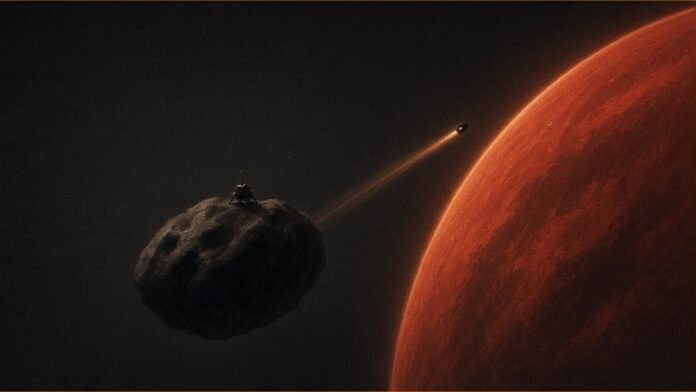 Illustration of a small lander on a lumpy moon near a red planet, with a return capsule trail.