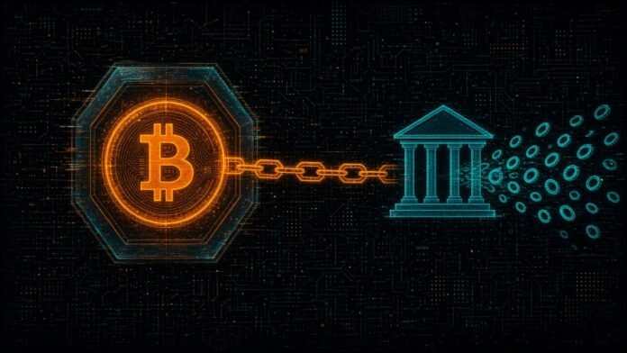 Symbol-only illustration of a glowing orange Bitcoin symbol sealed in a hexagonal vault, chained to a cyan bank-column icon that sends out a stream of blank coins.