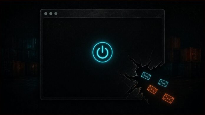 Illustration of a dark browser window with a power symbol and envelopes slipping out through a crack.
