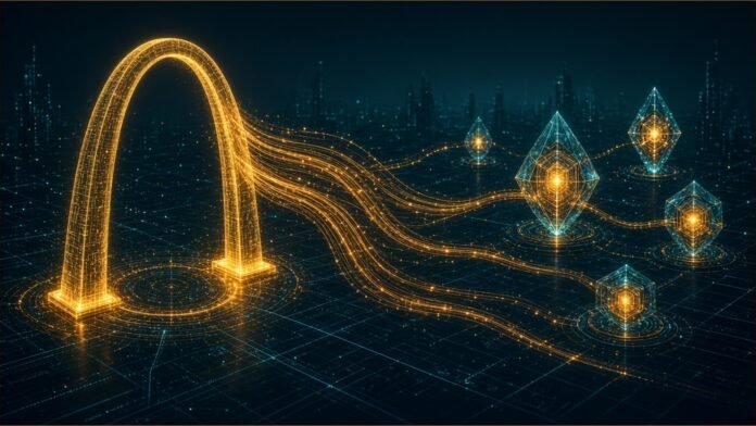 Jev Fastest Adopted on Vercel AI Gateway | TSN A glowing arch routing amber streams to several model cores.