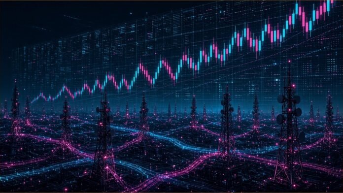Jio Platforms Sets IPO Price Band Ahead of 21 October Open Rising ribbon of glowing share tiles forming an arc over a dark exchange floor grid, flanked by price rails