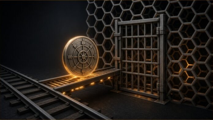 Illustration of a glowing vault-patterned token crossing a bridge from a rail track towards a hexagon lattice behind a steel gate.