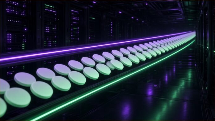 Illustration of plain glowing tokens flowing between two parallel violet and green neon rails through a dark data hall
