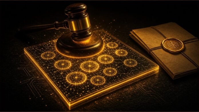 A heavy gavel resting on a sealed digital scroll stamped with a bitcoin glyph.