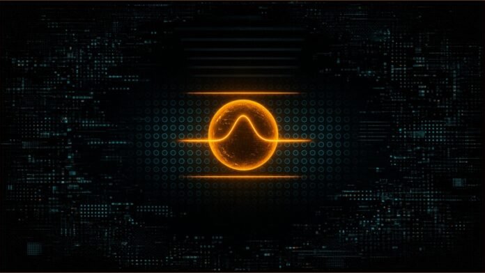 Illustration of a single glowing sphere struck by a narrow bell-shaped light pulse in front of a grid of unlit sockets