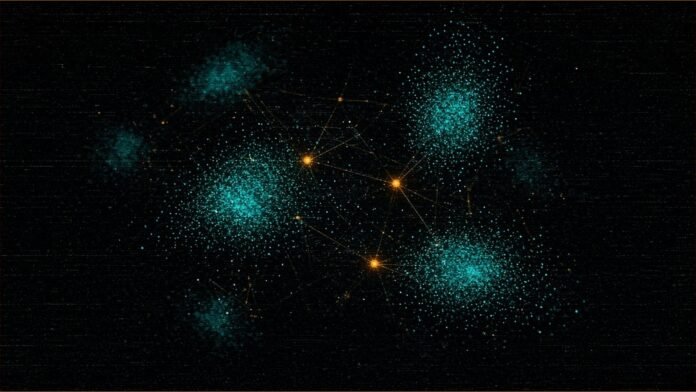 Illustration of teal point clouds in clusters with amber points at their centres.