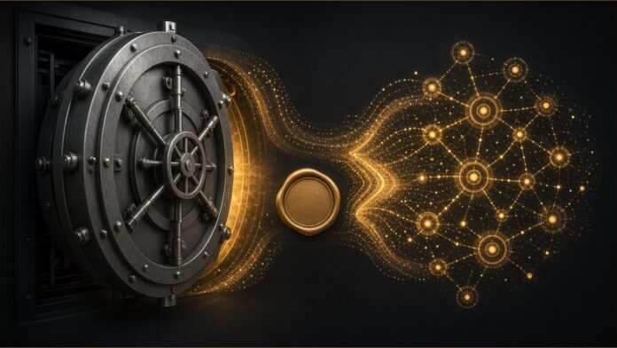 Illustration of a bank vault door merging with a glowing network of agent nodes.