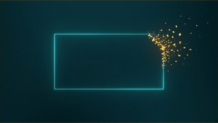Illustration of Kassel-Calden arson concept in teal and amber: a thin glowing teal rectangular perimeter on a dark background, broken at its upper right corner where a cluster of amber light fragments scatters outward.