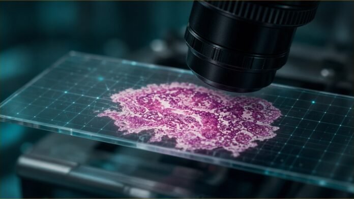 AI Flags DNA-Repair Defect in Ovarian Cancer Slides | TSN Illustration of a glass slide with pink-and-purple stained tissue under a microscope lens, with a faint glowing grid