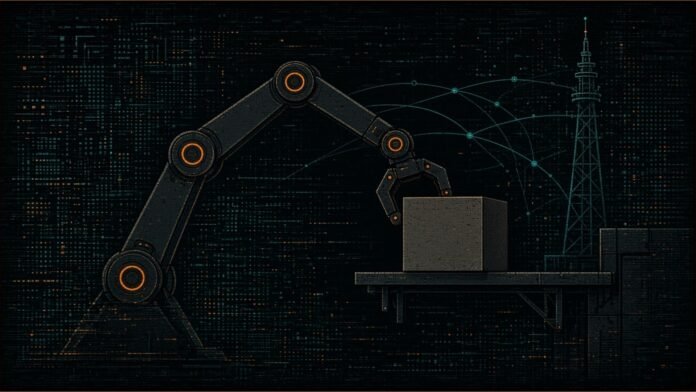 KDDI Group Launches ELYZA Robotics for Physical AI | TSN Illustration of a robotic arm with amber joint lights placing a box on a shelf, linked by cyan signal lines to a distant mast