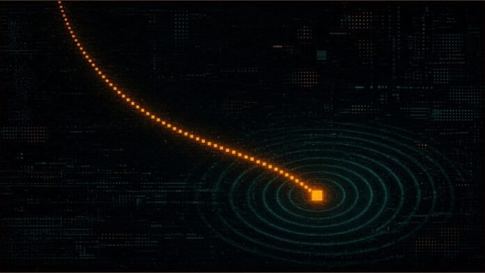 KDDI and Wing Plan Drone Deliveries in Japan in 2027 | TSN Illustration of a dotted amber arc descending to a bright square node, with teal rings rippling out where it lands.