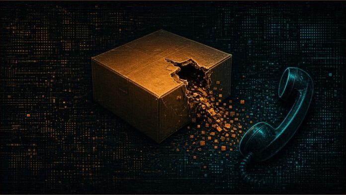 Illustration of a torn parcel leaking amber data blocks beside a telephone handset off its cradle