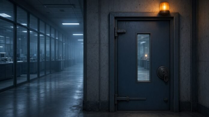 Locked laboratory door with amber warning light and empty corridors