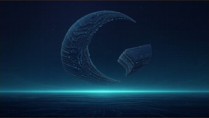 Kimi K3.1 Pro Launches, Weights Due by 4 Nov | TSN Illustration of a crescent moon built from layered circuit-like strata with one segment lifted out, above a long glowing horizon line