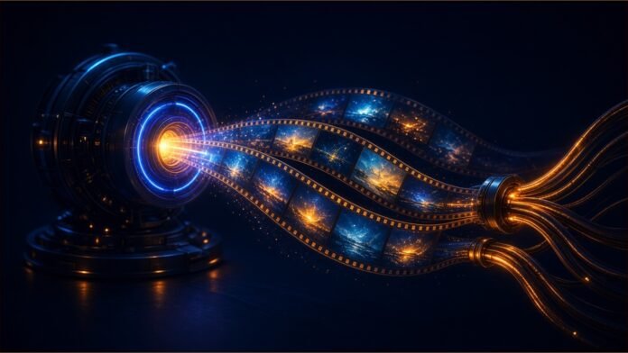 Glowing film frames streaming from a neon projector core into amber cables.