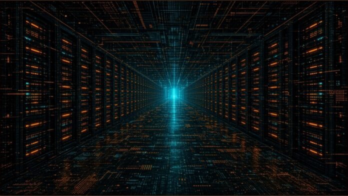 Illustration of a long data-centre hall with rows of server cabinets and amber indicator strips receding to a cyan light