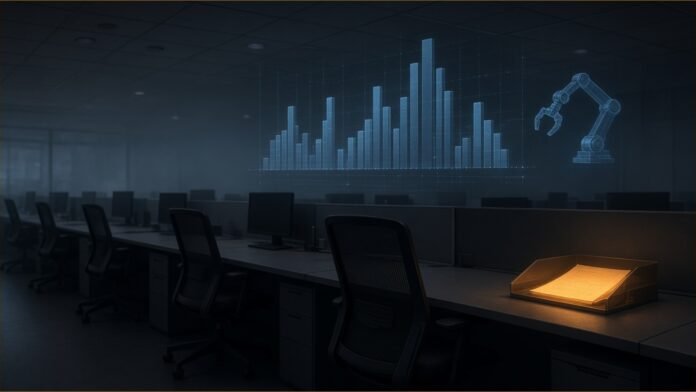 Illustration of a row of empty office desks and chairs in a dim open-plan office, with a holographic bar chart and a robotic arm floating above and a glowing document tray