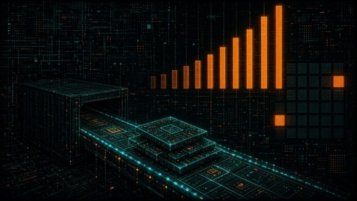 Symbol-only illustration of stacked glowing chips on a cyan conveyor leaving a dark port grid, beside a row of rising orange bars and a grid of tiles with two lit.