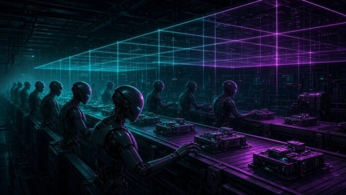 Korea Clears 20 Robros Humanoids for Factory Floor Tests Humanoid robot outline walking past glowing factory test stations