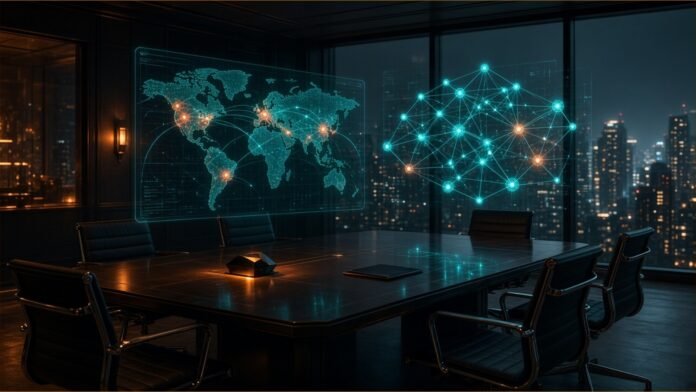 kpmg-2026-global-ceo-outlook-cyber-ai Illustration: CEO compass pointing between a cyber shield and an AI investment needle over a 12-market globe; navy and amber.