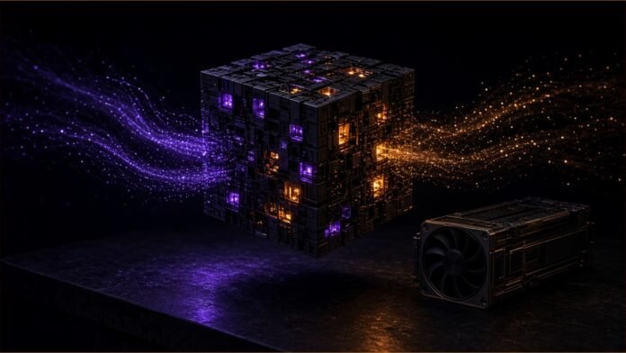 Illustration of a glowing cube of tiny chambers, a few lit, floating beside a graphics card