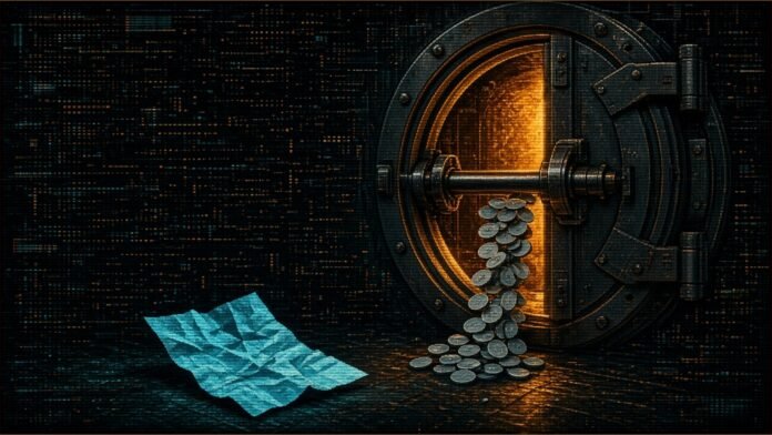 Kraken Drops Monero Questions, Keeps XMR Caps | TSN Illustration of a vault door held ajar by a bar letting a trickle of blank coins through, with a crumpled form on the floor