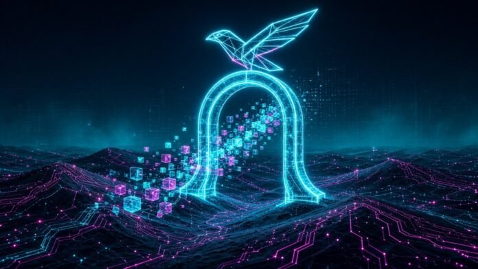 Symbol-only illustration of a glowing cyan gateway arch in a neon circuit-board desert, with a geometric falcon of light above it and data cubes flowing through.