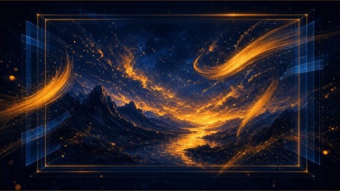 Amber light brushes sweeping across a glowing framed landscape.