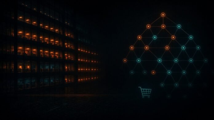 Office tower lights dimming beside a fading neon org chart