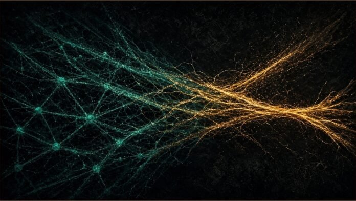 KuCoin Ends Services in Russia and Belarus | TSN Illustration of amber light threads pulling away from a teal network.