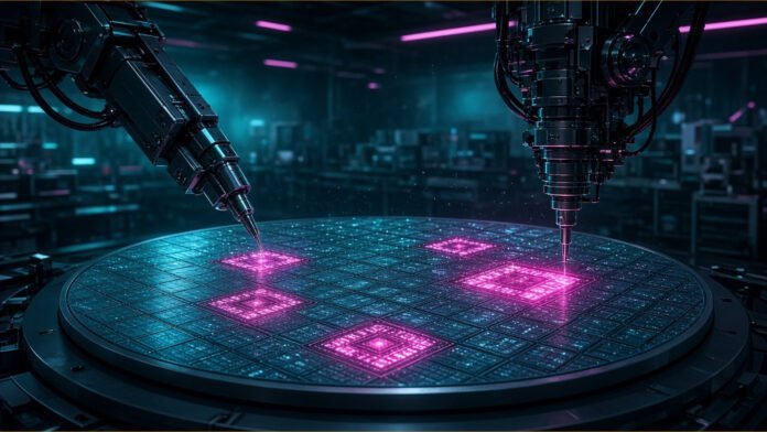 Silicon wafer on a test probe card under a glowing grid beside a row of reserved test bays