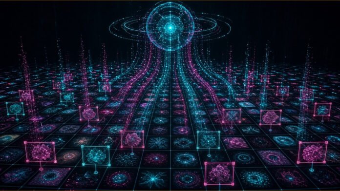 Lattice of small glowing cubes each holding a path of light checked by tick-shaped beams, feeding a central core
