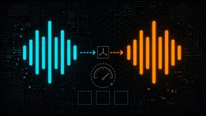 LAION Voice Converter: Open Model, Self-Reported Scores Symbol-only illustration of a cyan waveform and an orange waveform joined by a dashed arrow through a small converter node, with a gauge dial below and three blank dashed squares along the bottom.